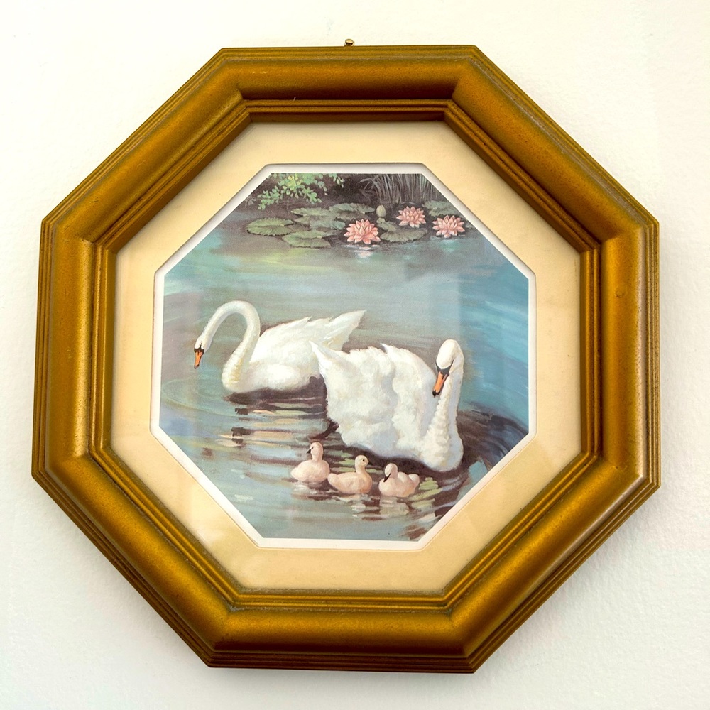 🦢 Mid-Century Swans on the Water Octagon framed art 🤍